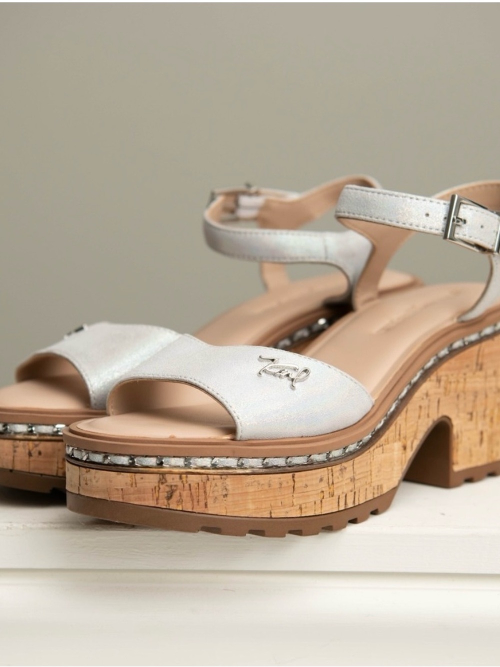 Silver iridescent Leather Cork Platform Sandals with Ankle Strap